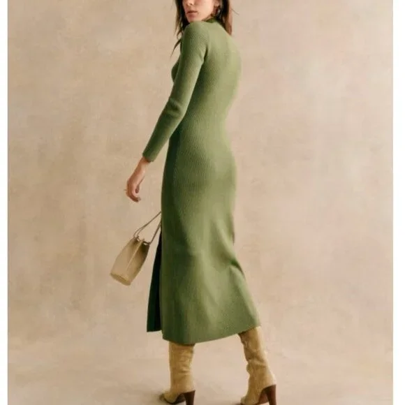 BEST Sezane Harper Midi Knit Dress Large Moss Green Ribbed French High Neckline - Picture 2 of 7
